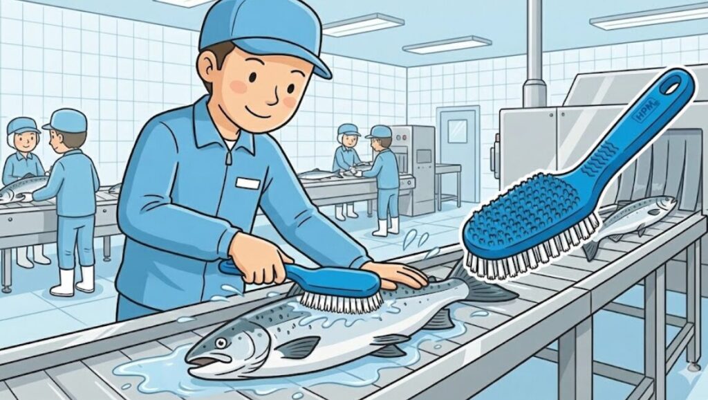魚を直接ブラシで洗浄する水産工場様へのポジティブリスト適合ブラシ導入事例